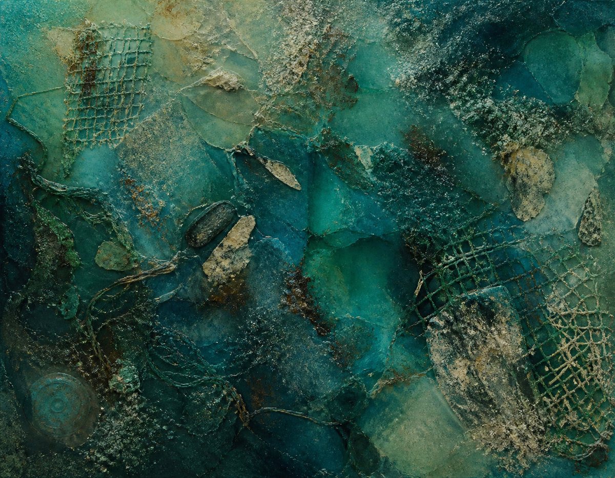 Mixed-media painting with resin layers, embedded fishing net fragments, and blue-green pigment