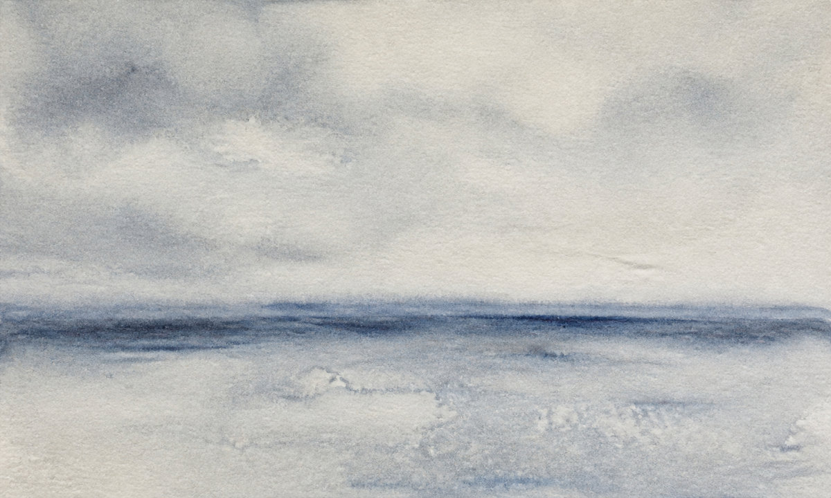Large watercolor of blurred sea horizon in pale blue and grey