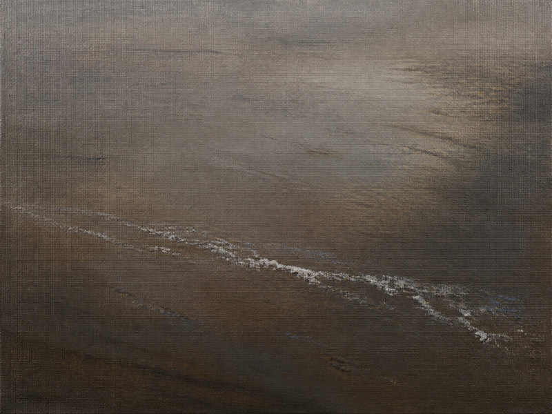 Small oil painting of a faint tide line on wet sand, muted browns and greys