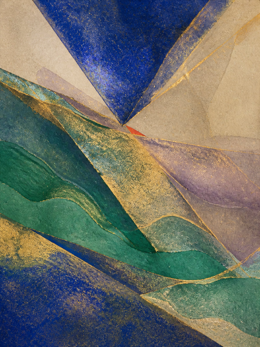 Mineral pigment on washi paper showing iridescent light patterns, predominantly gold and violet