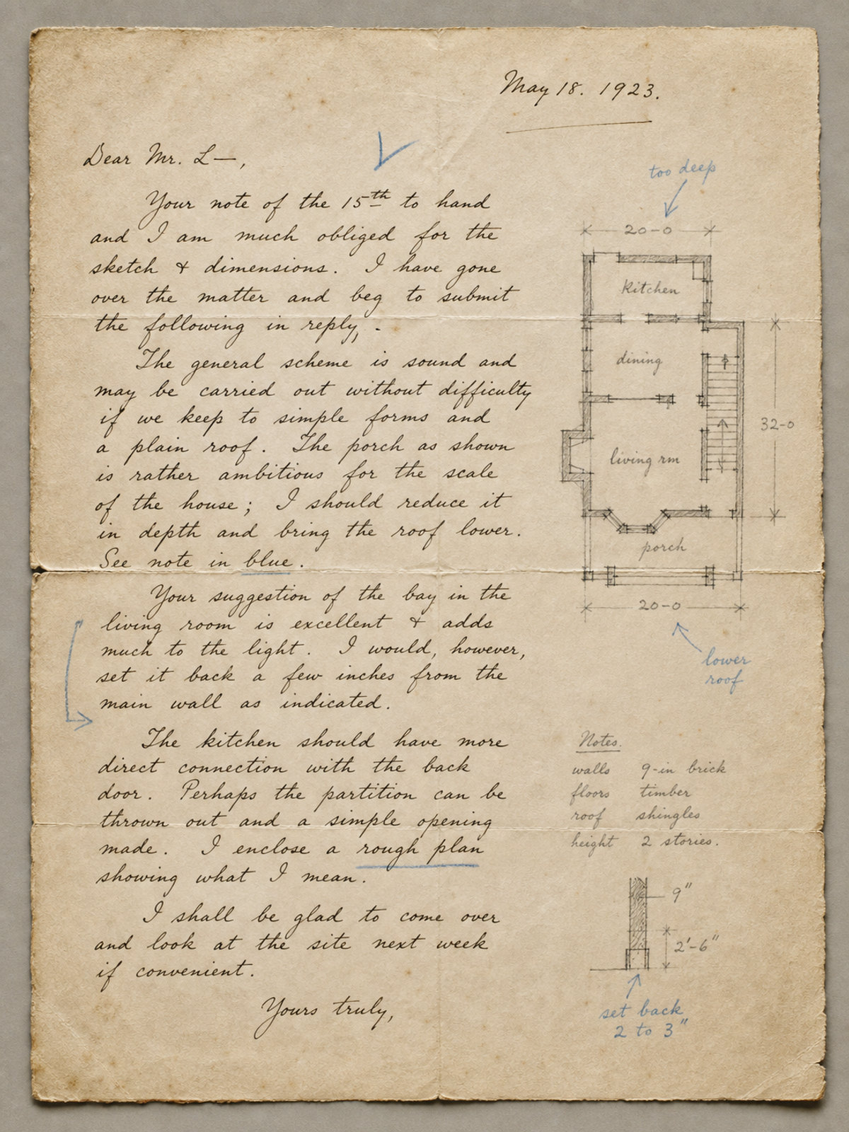 Generated demonstration facsimile of a handwritten letter on cream paper with an architectural sketch
