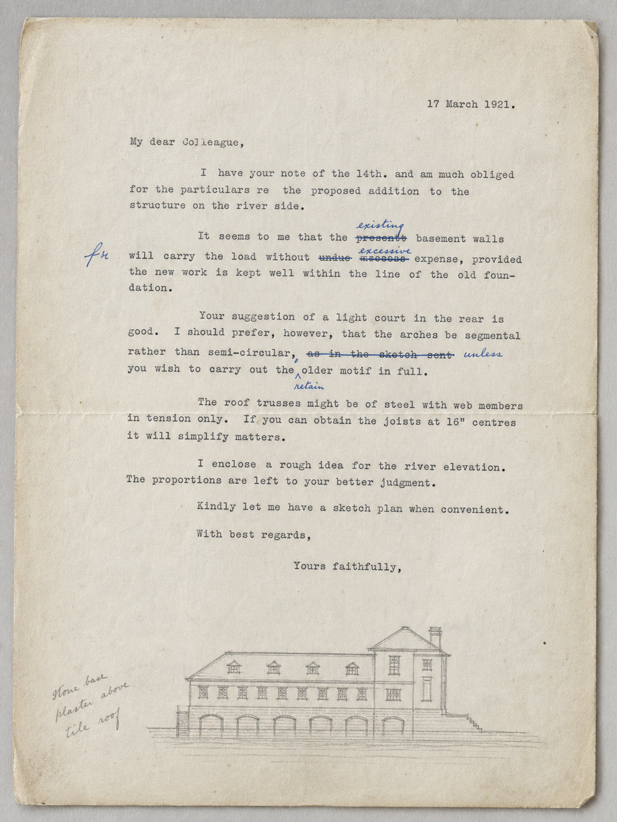 Generated demonstration facsimile of a typewritten letter with handwritten corrections in blue ink